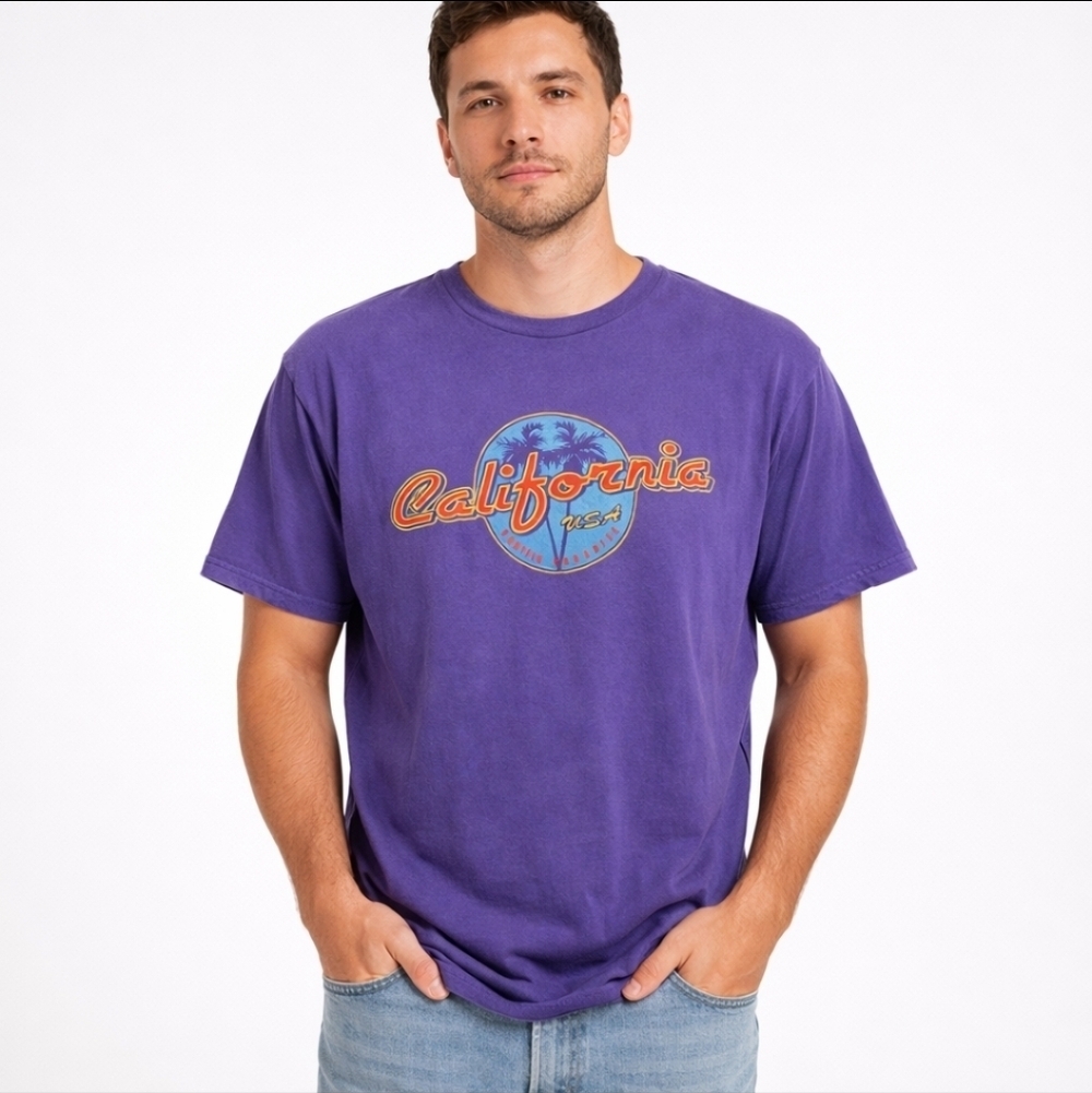 California USA Purple Palm Tree Graphic Tee Men’s L